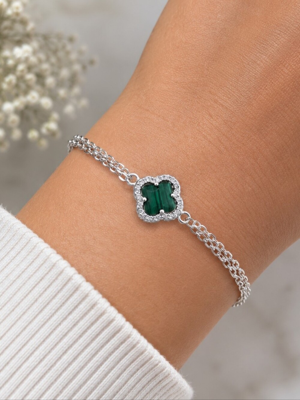 925 Sterling Silver Green Clover Bracelet | CZ Halo | Adjustable | Elegant Luxur